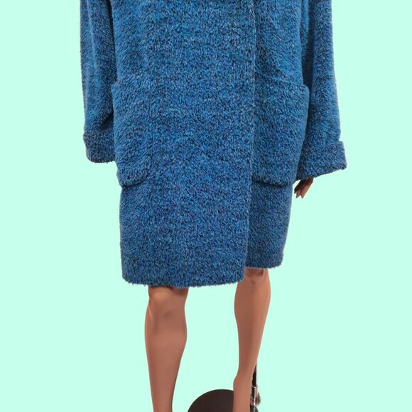 Vintage 80s Wool Mohair Alpaca Coat Fluffy Shaggy Vibrant Blue Mid Length Size M - Picture 3 of 11